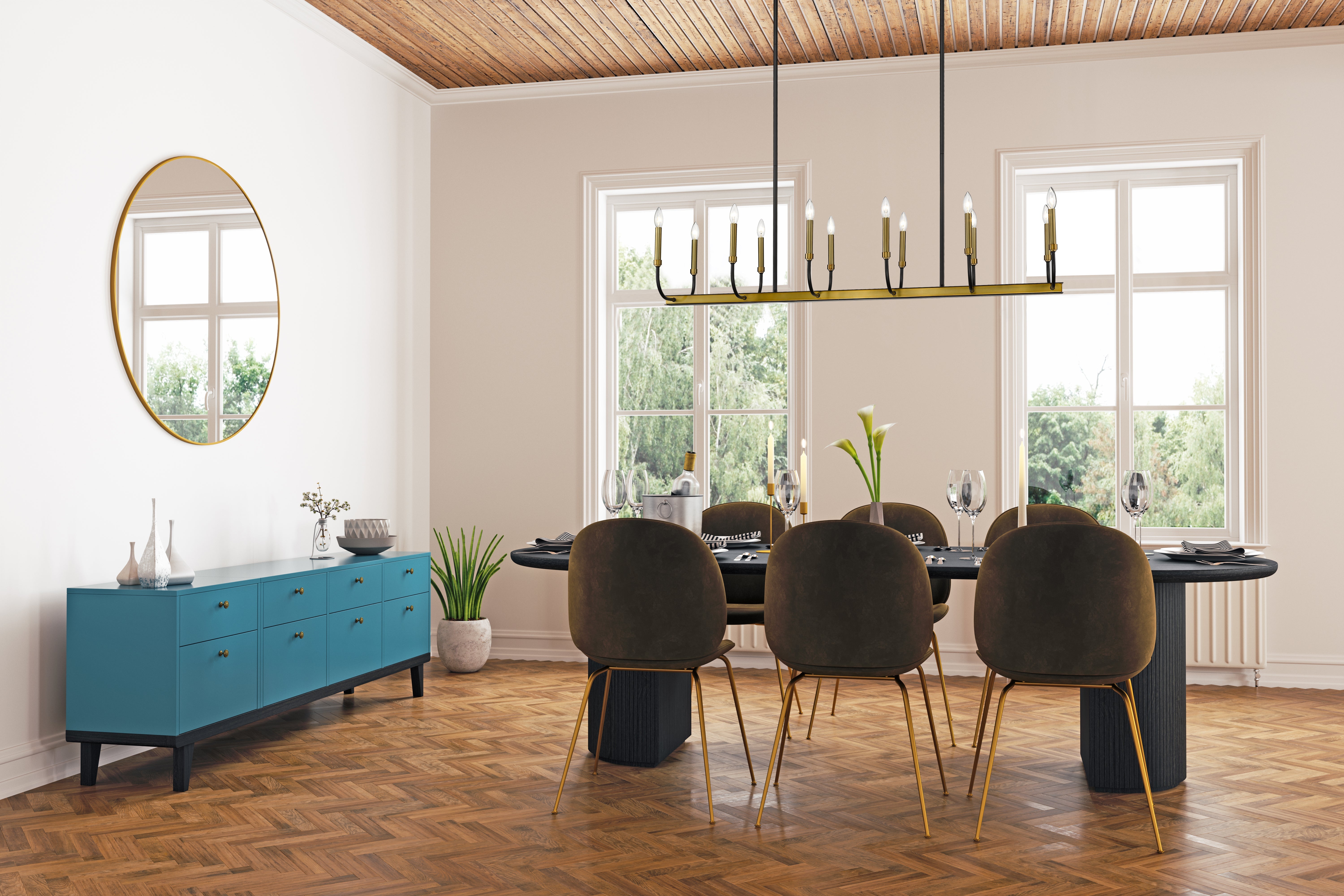 Haylie 12 Light Linear Chandelier Matte Black + Olde Brass