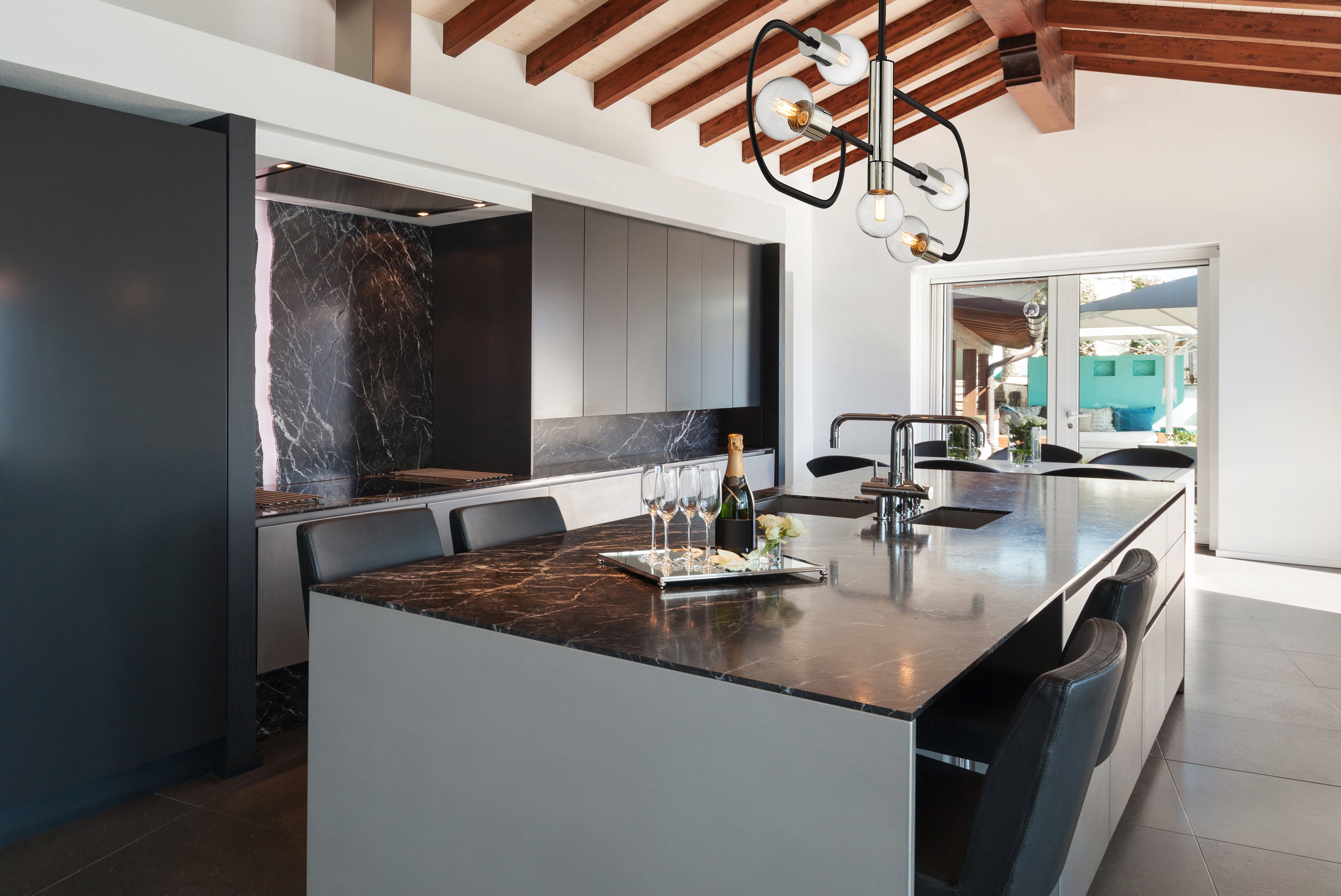 Neutra 5 Light Linear Chandelier Matte Black + Polished Nickel