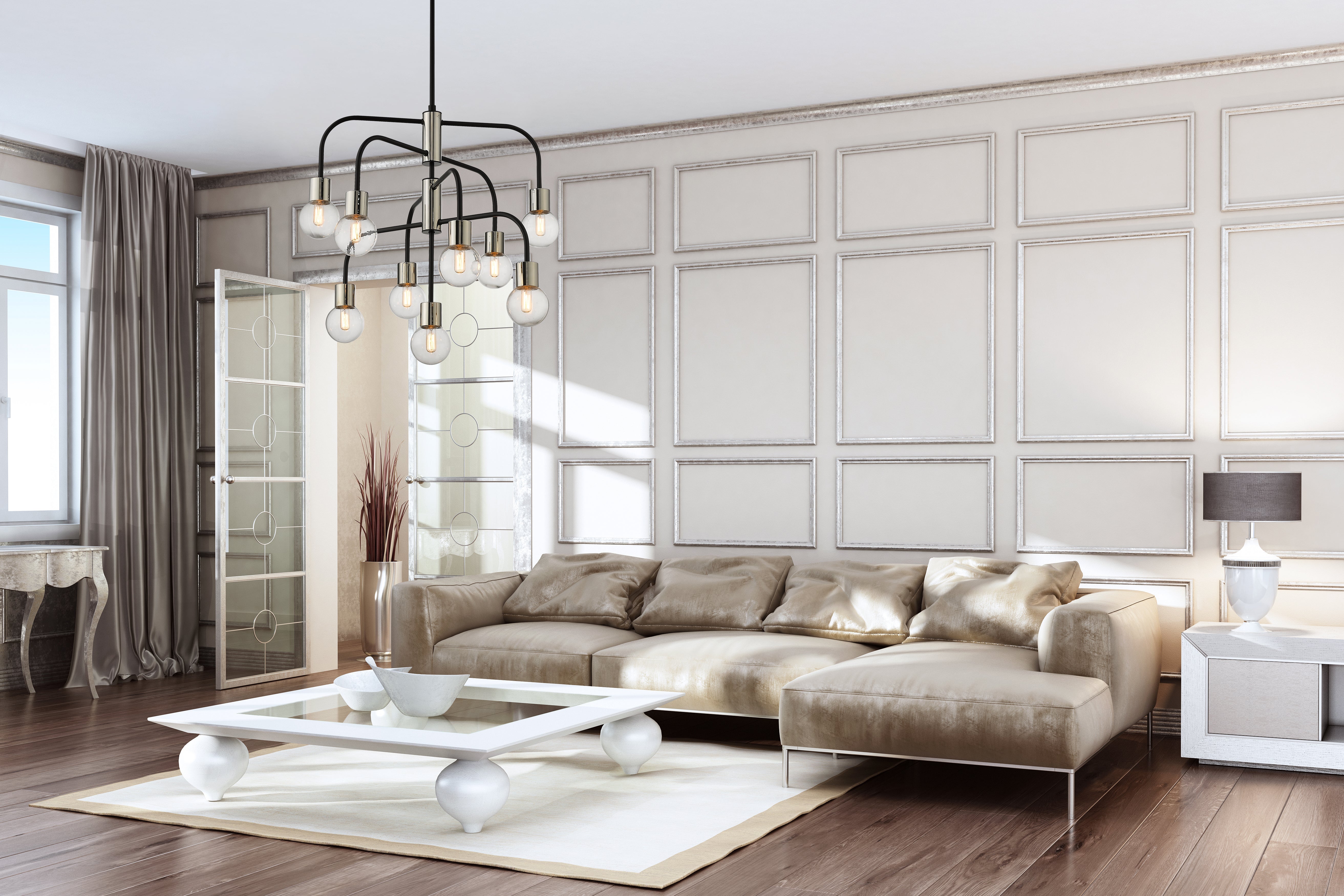Neutra 9 Light Chandelier Matte Black + Polished Nickel