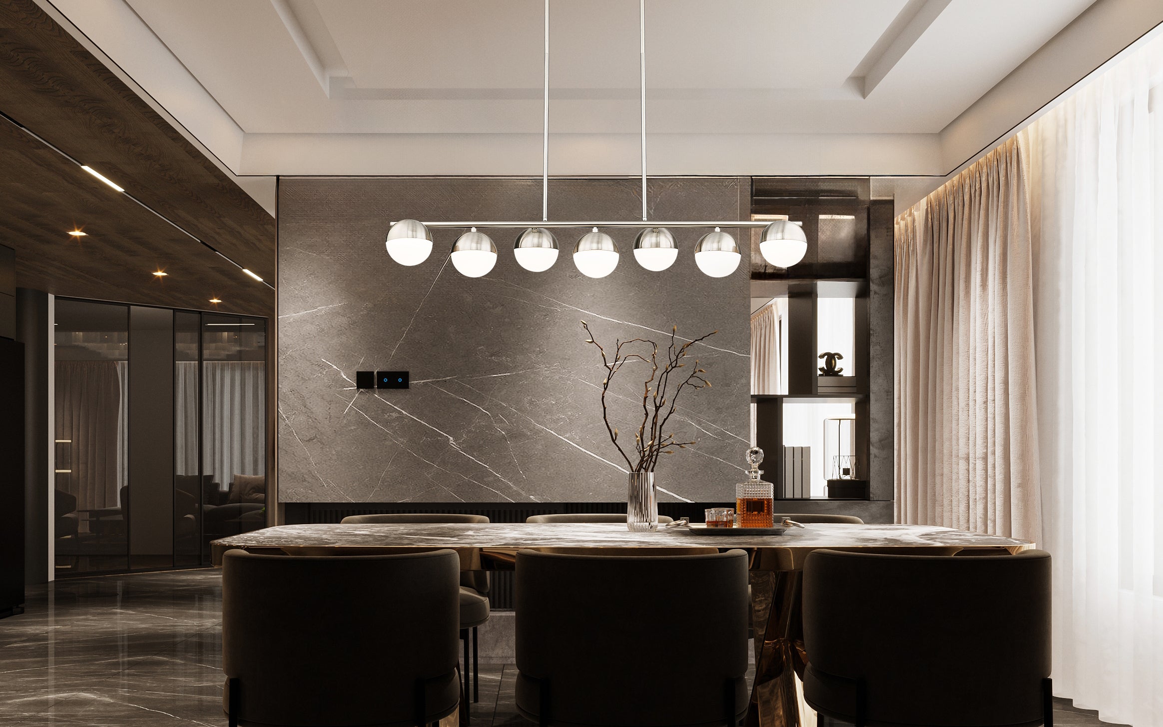 Realm Sphere 7 Light Linear Chandelier Brushed Nickel