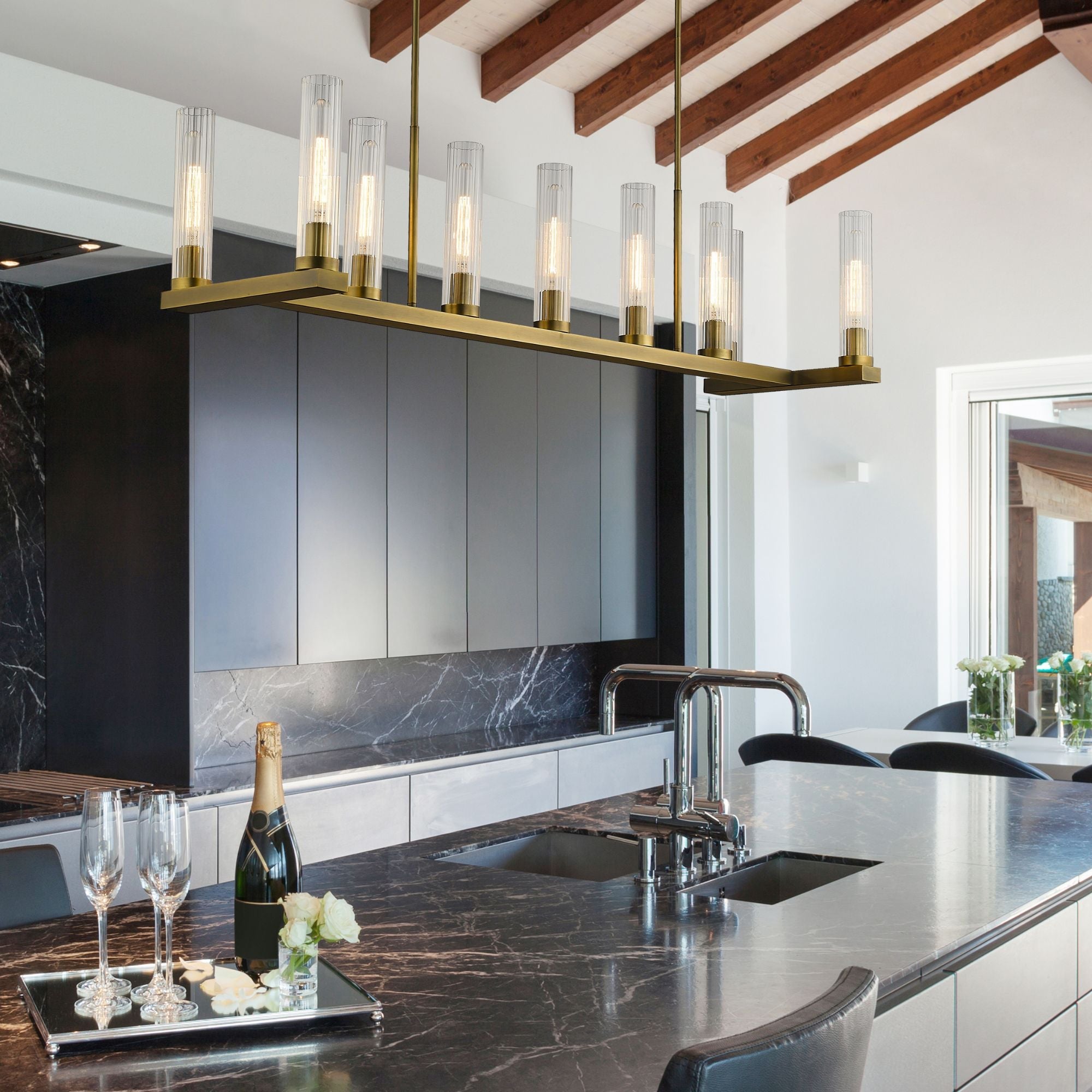 Beau 9 Light Linear Chandelier Rubbed Brass