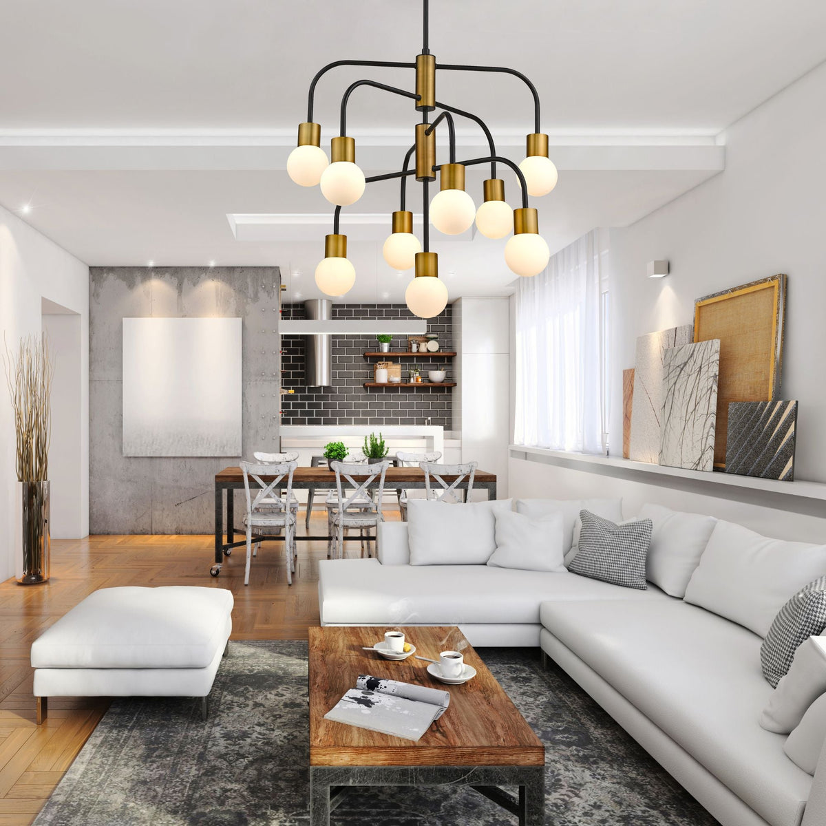 Neutra 9 Light Chandelier Matte Black + Foundry Brass