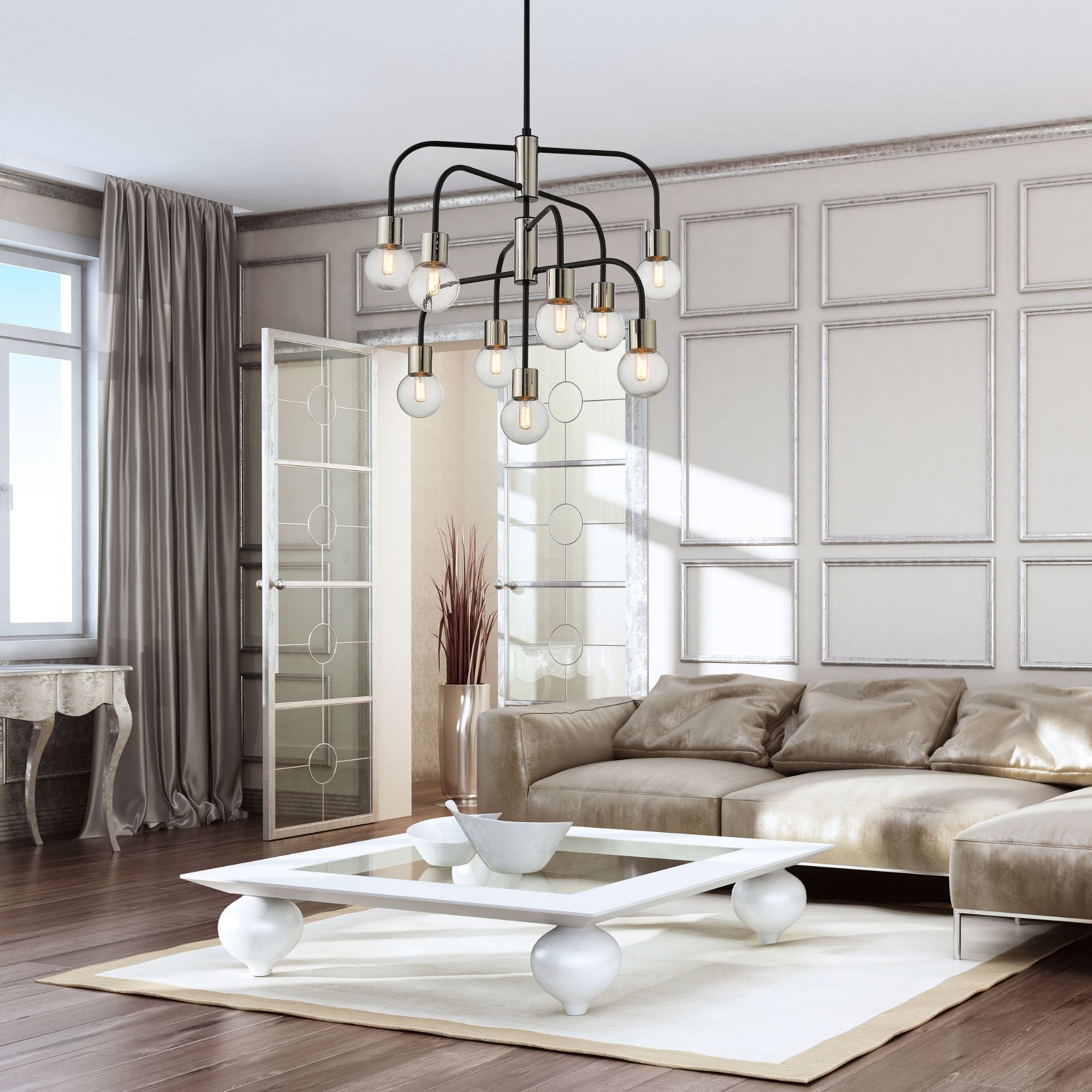 Neutra 9 Light Chandelier Matte Black + Polished Nickel
